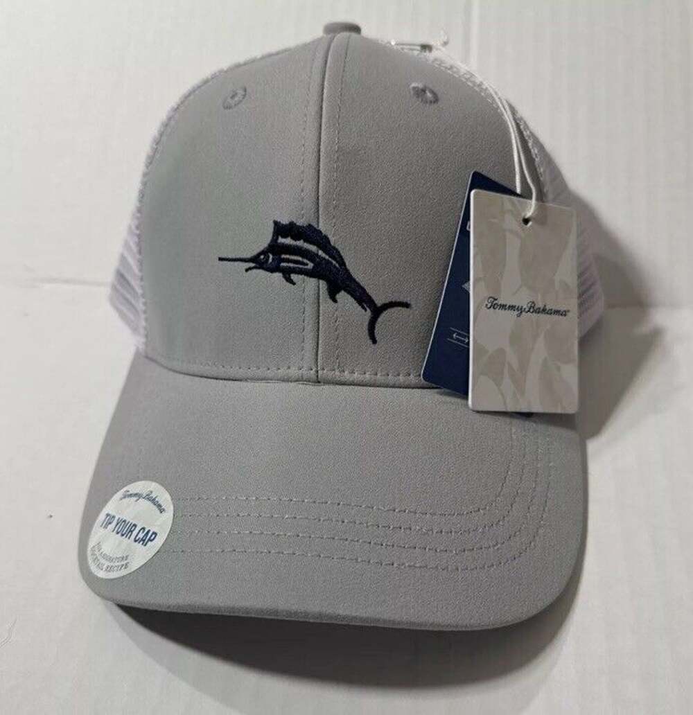 Tommy Bahama Tip Your Cap Hat Men’s Adjustable Grey White Embroidered Marlin NWT